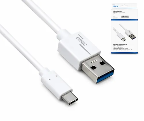 USB 3.1 кабел тип C - кабел за пренос на данни и зареждане 3.0 A, 5Gbps, 3A зареждане, бял, DINIC кутия с евроотвор, 2 м